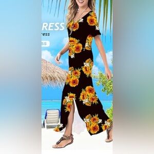 Women's V Neck Casual Long Dress Maxi Summer Beach Dress with Pockets 3XL